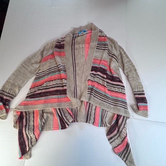 Boho Striped Open Front Draped Cardigan Sweater | Size M | Neutral Pink Teal - Picture 5 of 8